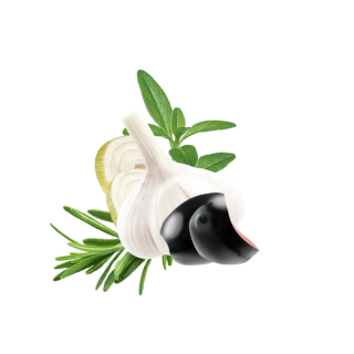 Knoblauch, Oliven, Zwibelscheiben, Thymian und Rosmarin