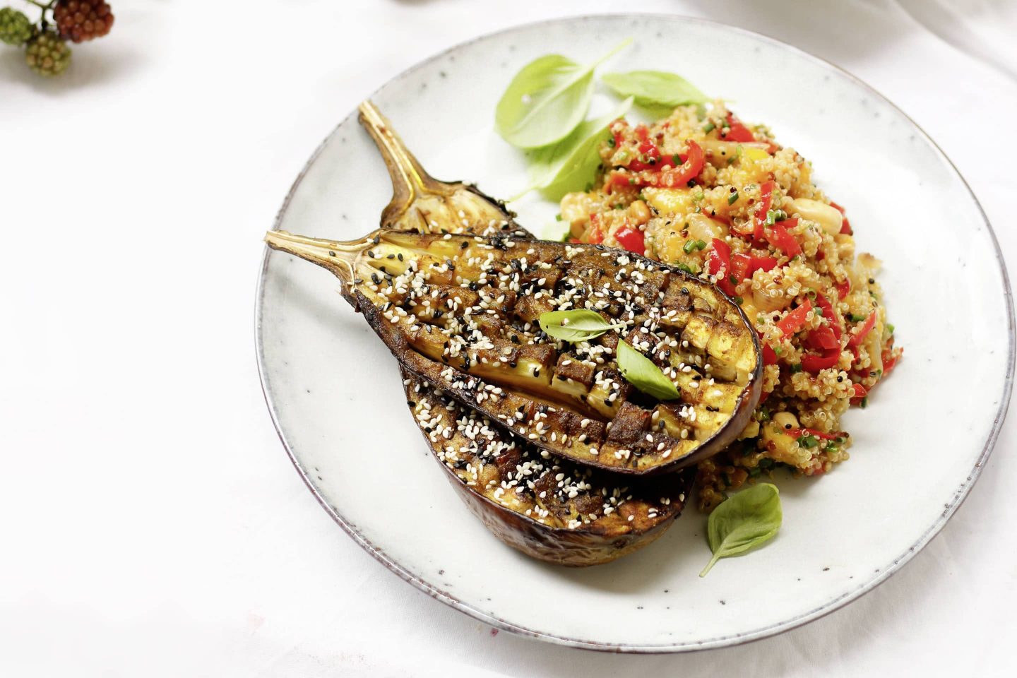 Gebackene Melanzani mit Quinoa-Mango-Salat auf einem weißen Teller mit frischen Basilikumblättern