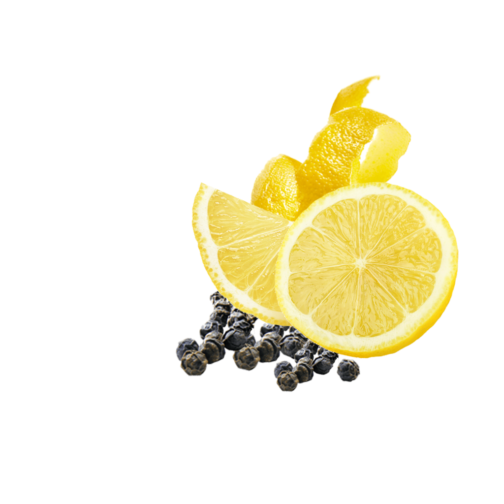Zitronenschiebe und Schale mit schwarzem Pfeffer