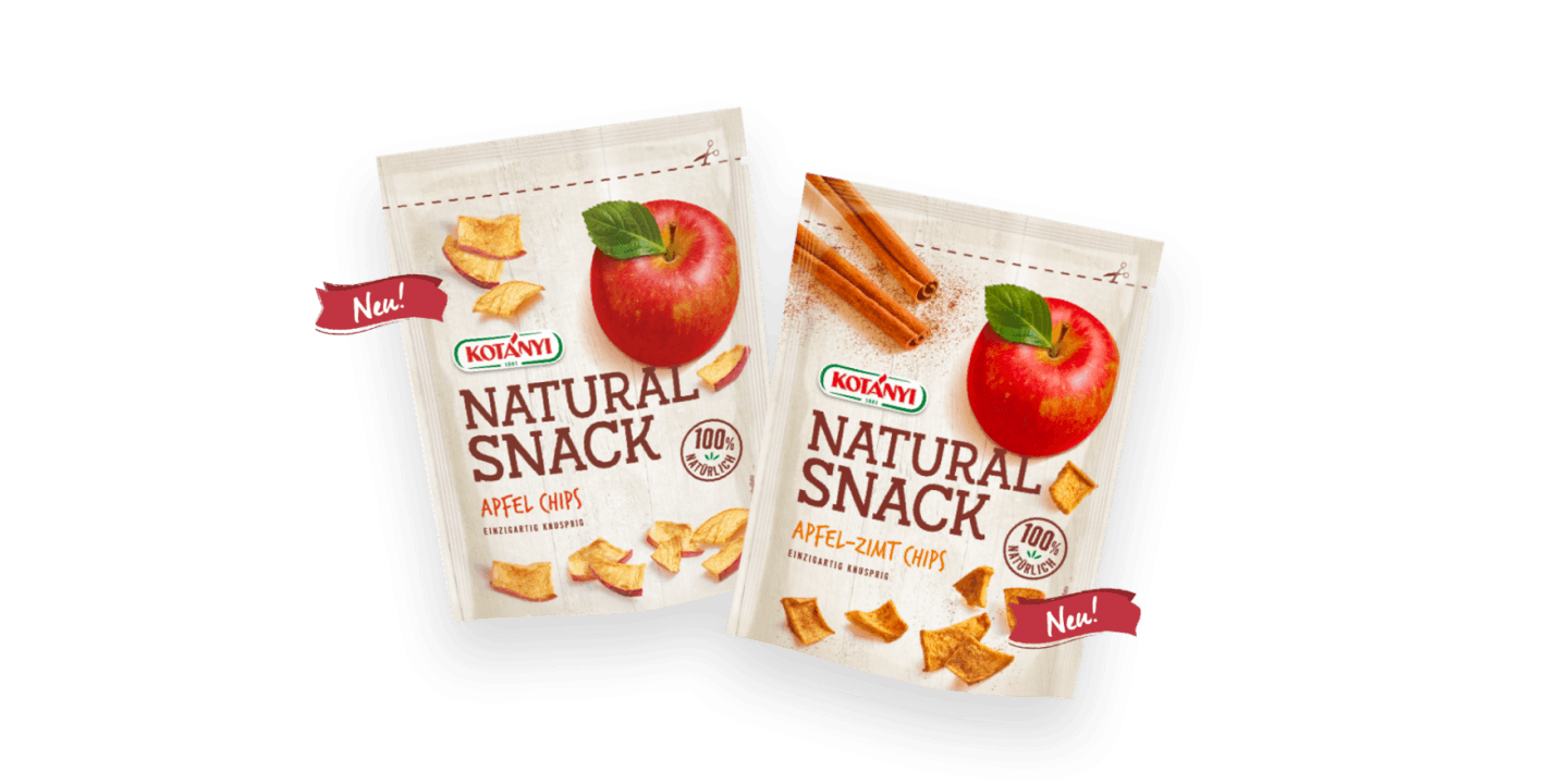 Natural Snack Standbeutel mit Apfel-Zimt-Chips und Apfel-Chips