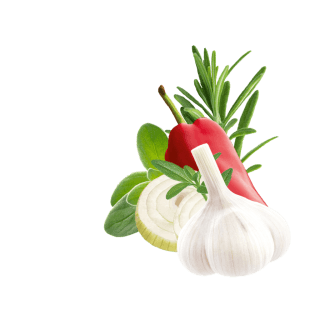 Rosmarin, Knoblauch, Zwiebelscheiben und Oregano
