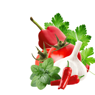Paprika, Tomate, Chilischoten, Knoblauch, Petersilie und Majoran