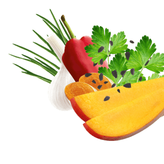Mangostücke, Schwarzkümmel, Petersilie, Paprika, Schnittlauch und Knoblauch