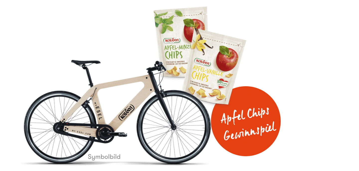 Gewinne ein My Esel Fahrrad und Kotányi Apfel Chips