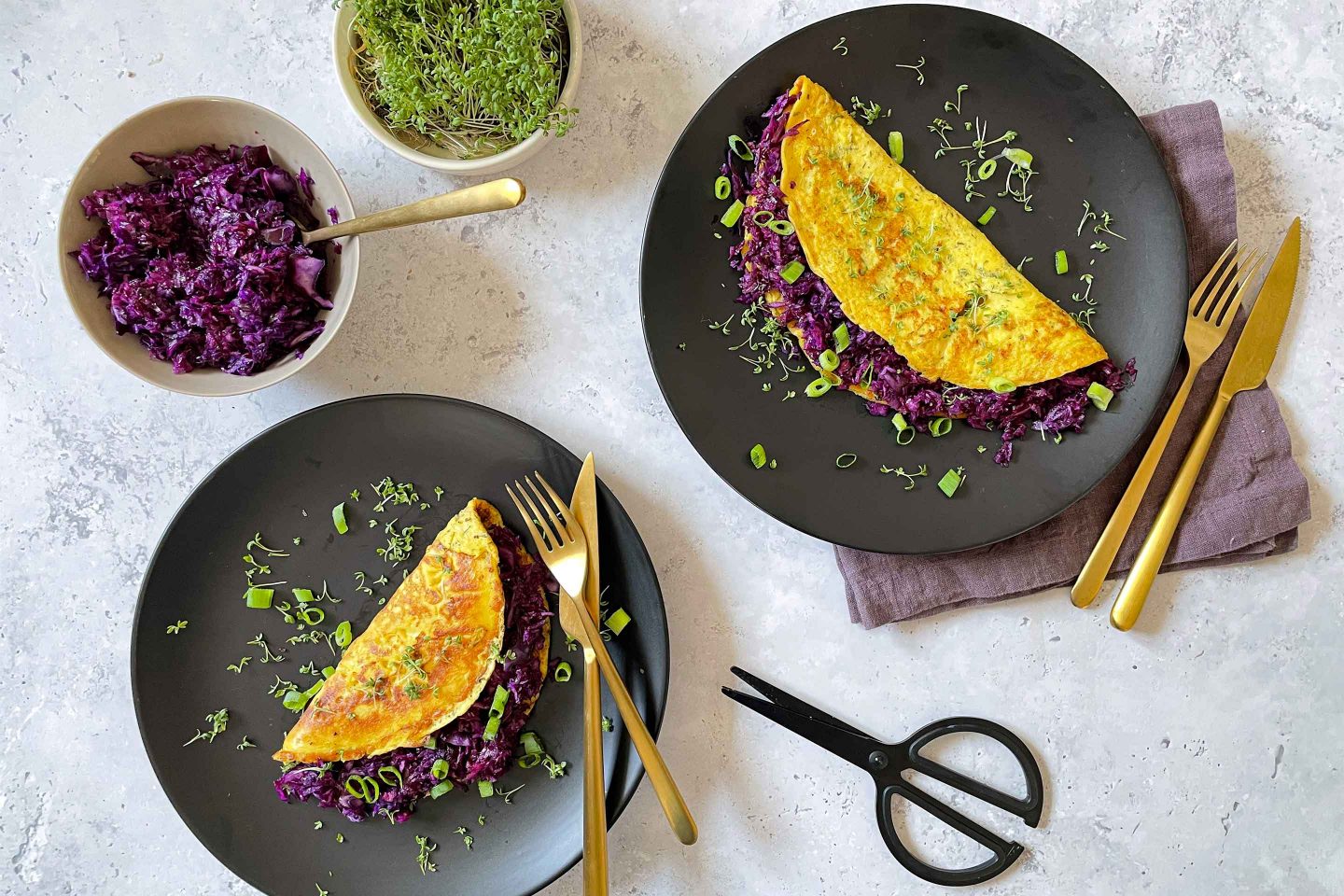 Mit knackigem Rotkraut gefüllte Kräuteromlette garniert mit Kresse.